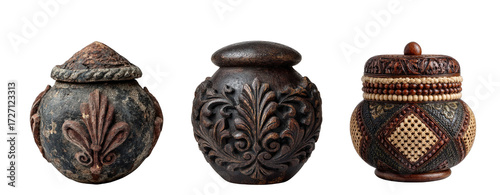 Antique carved wooden boxes isolated on transparent background