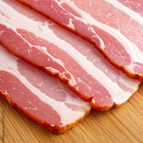 Slices of cured bacon on a wooden board