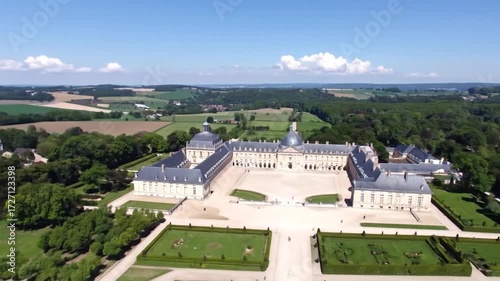 Majestic Aerial View of Historic French Chateau and Its Sprawling Gardens on a Bright Sunny Day