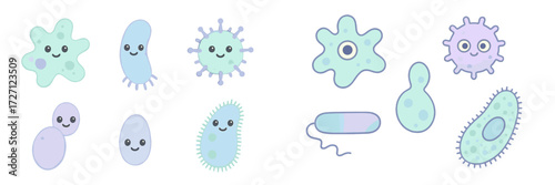Colorful cartoon microbes with happy faces in playful shapes for educational purposes or children's learning