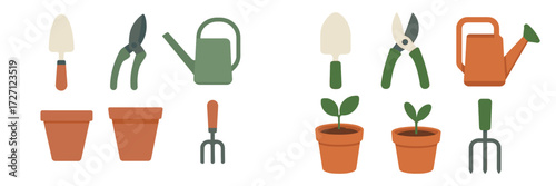 Gardening tools and potted plants for springtime planting and care in a bright and simple style