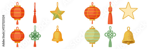 Decorative lanterns, stars, and bells in vibrant colors for festive celebrations and decorations