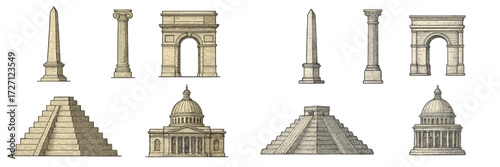 Detailed collection of architectural features including columns, arches, domes, and monuments showcased in a vintage style illustration
