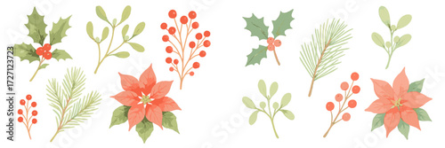 Winter botanical collection featuring holly, mistletoe, and poinsettia in soft pastel colors