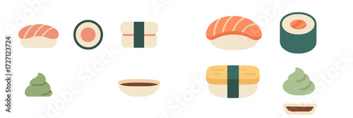 Different types of sushi rolls and condiments displayed on a clean white background with artistic and minimalist design