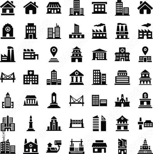 Collection of diverse building and architecture icons