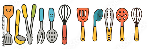 Colorful kitchen utensils with happy faces arranged on a white background, showcasing joy in cooking and creativity