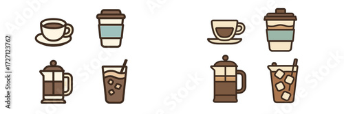 Different types of coffee and tea drinks displayed in a simple, modern style from fresh brew to iced varieties