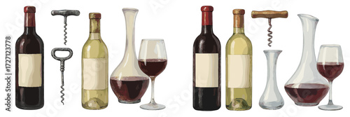 Wine bottles, glasses, and corkscrews arranged on a table ready for a tasting event at a vineyard in the evening