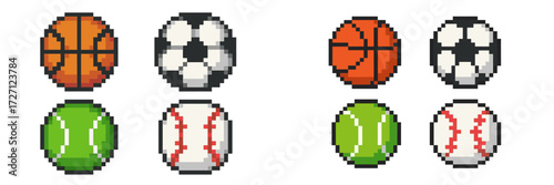 Colorful pixel art sports balls including basketball, soccer, tennis, and baseball displayed in pairs on a bright background