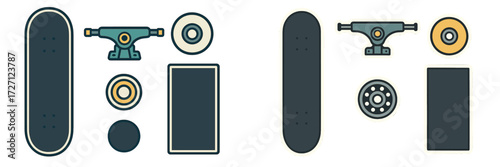 Skateboard parts displayed on a clean surface with wheels, trucks, and deck components organized thoughtfully
