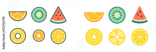 Colorful fruit illustrations featuring oranges, watermelons, and kiwis arranged in a neat display