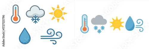 Weather icons illustrating various conditions including sun, snow, rain, and wind with thermometers indicating temperature changes