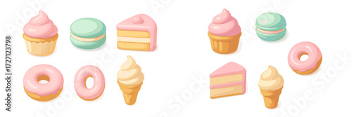 Colorful dessert collection featuring cupcakes, macarons, donuts, and ice cream in pastel shades for a sweet celebration