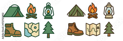 Camping adventure essentials with tents, campfires, and hiking gear for outdoor lovers