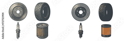 Collection of vehicle parts including tires, filters, and spark plugs displayed for maintenance and repair purposes