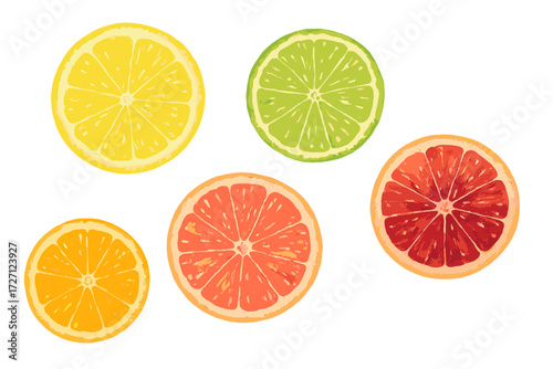 Bright citrus slices arranged on a white background showcasing vibrant colors and textures