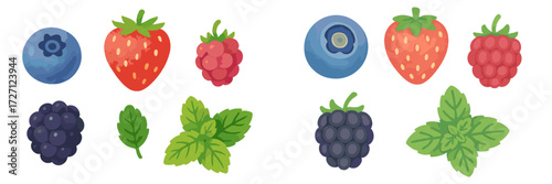 Fresh and colorful berries with mint leaves arranged in a casual setting on a white background