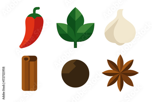 Colorful arrangement of spices, herbs, and vegetables showcasing vibrant culinary ingredients in a simple layout