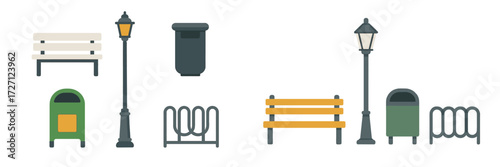 Urban park features including benches, streetlights, and trash bins arranged for public comfort and cleanliness