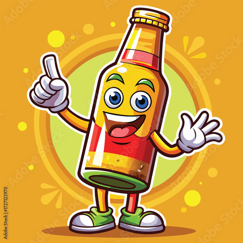 A cheerful, anthropomorphic beer bottle character with a wide smile and expressive eyes stands in a playful pose, ready to bring fun and excitement. Perfect for beverage-related designs.