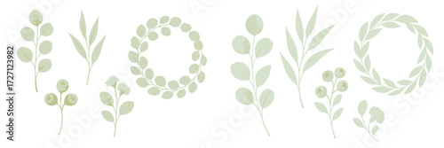 Green botanical elements featuring various plants and leaves for decoration and design purposes