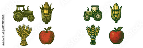 Farm scene depicting tractor, corn, wheat, and apples in a vibrant agricultural setting