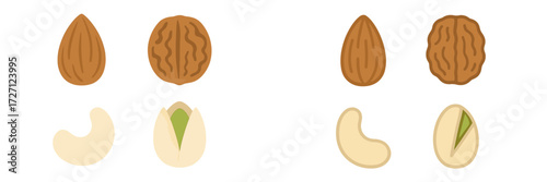 Different kinds of nuts arranged on a white background with detailed features highlighting their outer shells and inner contents