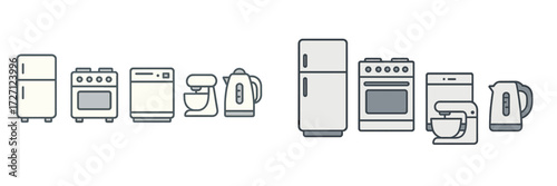 Different kitchen appliances showcased in a clean and modern design layout for home cooking essentials
