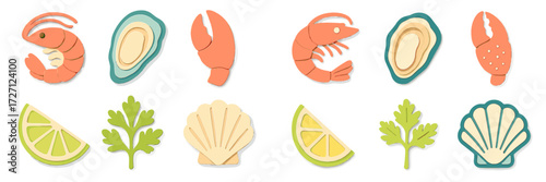 Colorful seafood and citrus illustrations arranged creatively for culinary inspiration and design ideas
