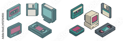Vintage technology collection featuring floppy disks, VHS tapes, and retro monitors in a creative arrangement