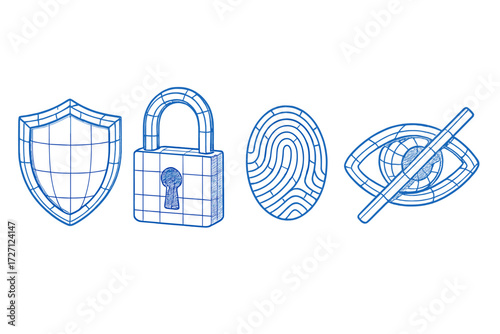 Security concepts illustrated through shield, padlock, fingerprint, and eye symbol