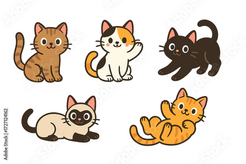 Cute cartoon cats in various poses showcasing their playful and friendly nature