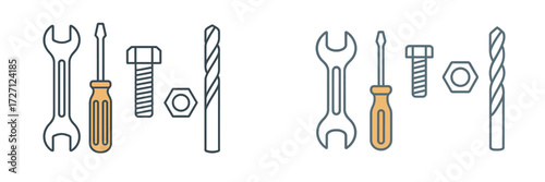 Collection of tools including wrenches, screws, and drills displayed on a white background in a simple layout