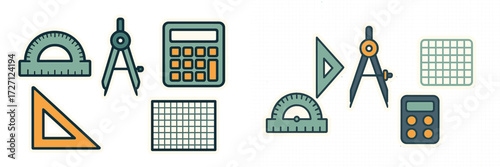 Tools for learning geometry with protractor, compass, calculator, and grid paper on a light background