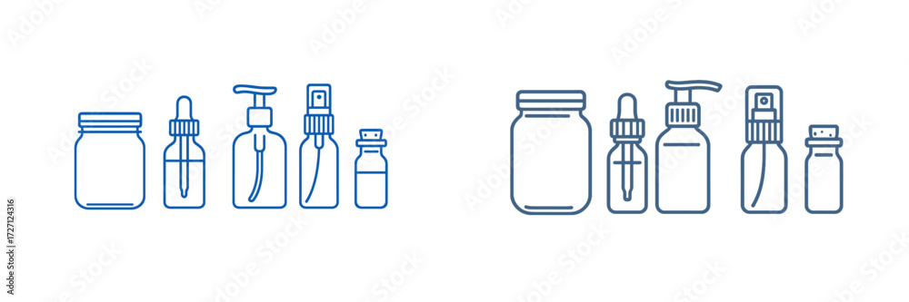 Variety of cosmetic containers arranged neatly on a white background displaying different shapes and sizes