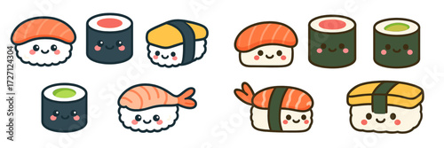 Cute illustrated sushi characters in a colorful and playful design for food lovers