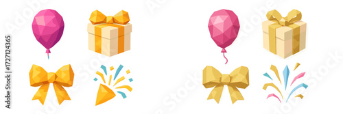 Colorful celebration decorations with balloons, gifts, and bows in a festive arrangement