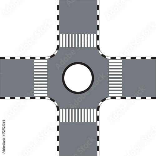 Roundabout vector with pedestrian crosswalks and road markings. Simple street intersection design icon for city map, traffic planning, urban transport, navigation, and infrastructure graphics.