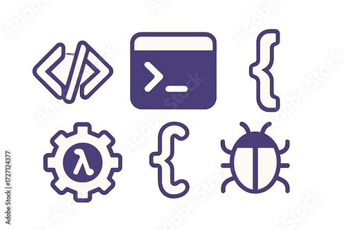 Illustrations of coding symbols related to programming and debugging at a tech-themed event