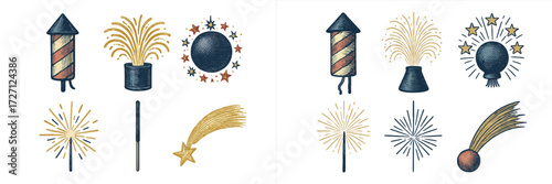 Colorful illustrations of fireworks and sparkles for festive celebrations and special events