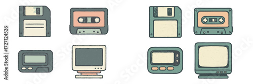 Vintage technology icons showing floppy disks, cassettes, and old monitors in flat design style