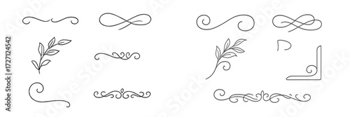 Decorative line elements for graphic design featuring floral and swirl patterns
