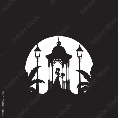 Silhouette of woman in gazebo with bouquet and lampposts