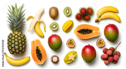 assortment of fresh tropical fruit on white background