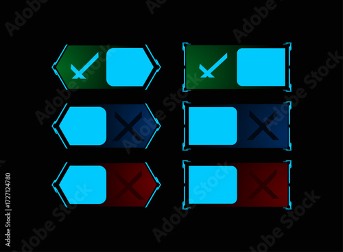 Cyberpunk Choice Panel UI Elements with Futuristic Decision Boxes Accept Decline Menu Buttons for Sci Fi Game Interface Neon Blue Red Green HUD Overlay and Tech Design