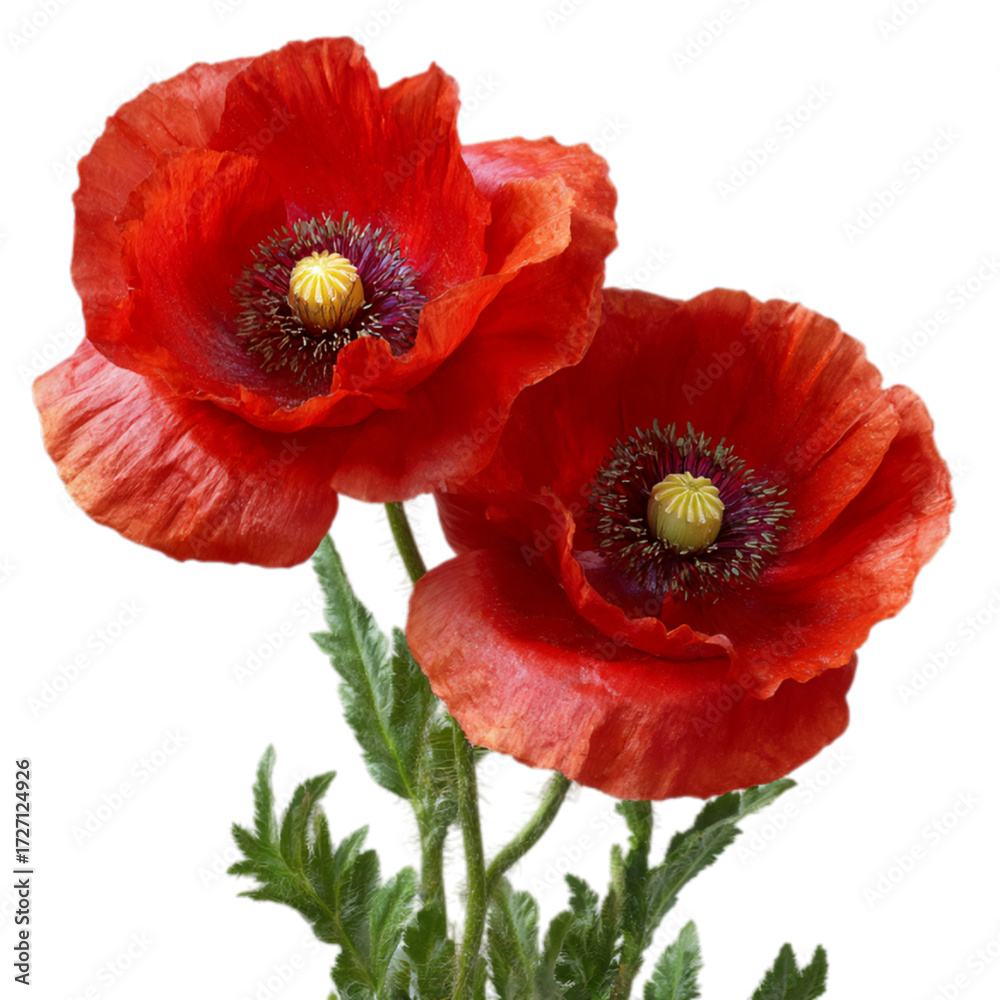 Obraz premium Photo of two vibrant red poppies isolated on transparent background