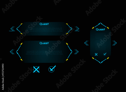 Futuristic Cyberpunk Quest Panel HUD UI Mission Log Window RPG Game Interface Neon Sci Fi Digital Frame Popup Overlay Screen Display with Confirm Cancel Yes No Button Navigation