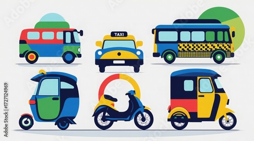 Colorful transportation vehicles bus taxi tuktuk scooter public transport flat design vector illustration