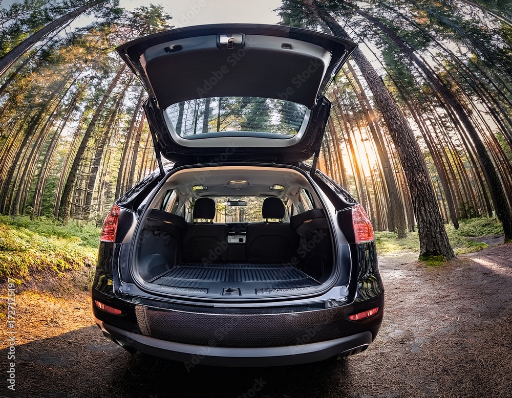 Fototapeta premium Adventure awaits as an open black SUV invites exploration through a sun-drenched forest pathway, ready for your next journey and memories.
